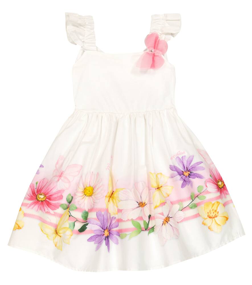 Monnalisa Floral Poplin Dress With Butterfly In Bianco+multicolor