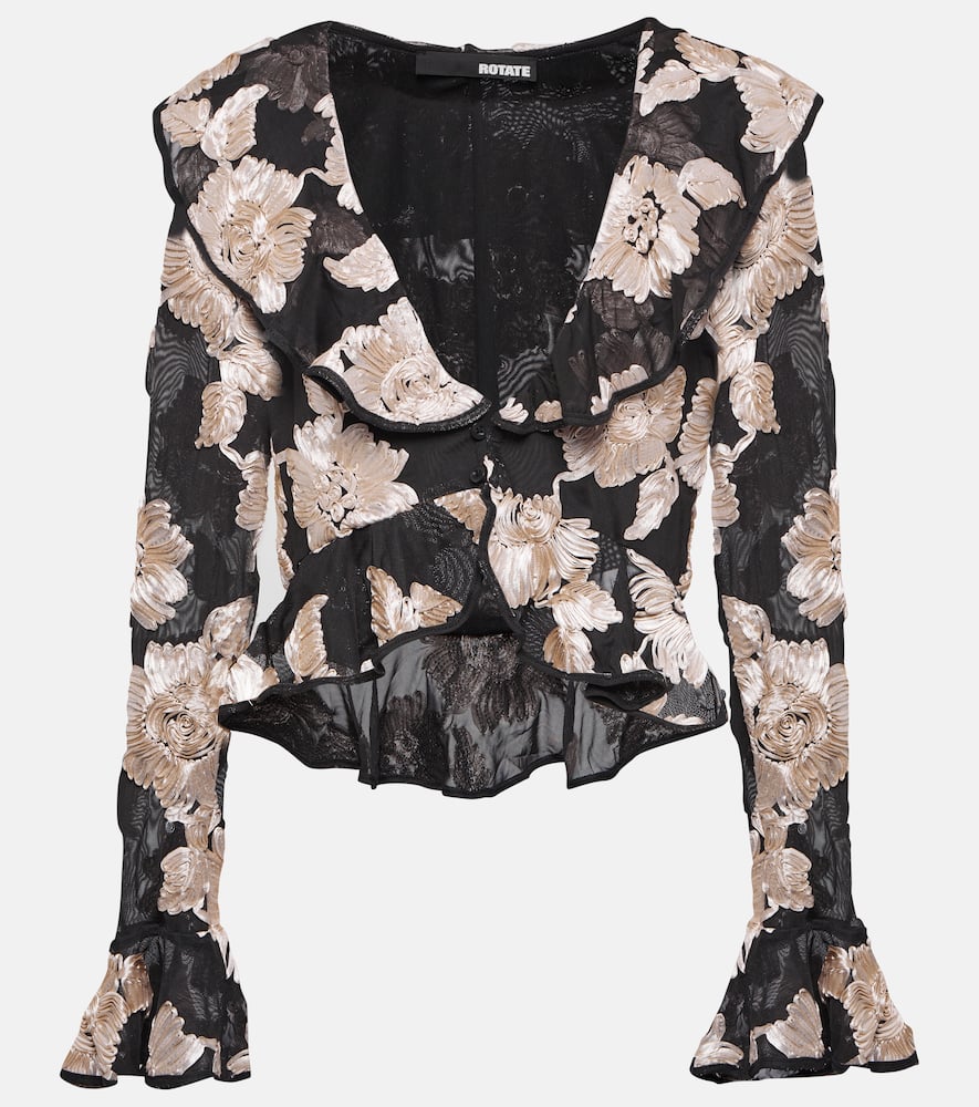 Shop Rotate Birger Christensen Ruffled Floral Mesh Top In Multicoloured