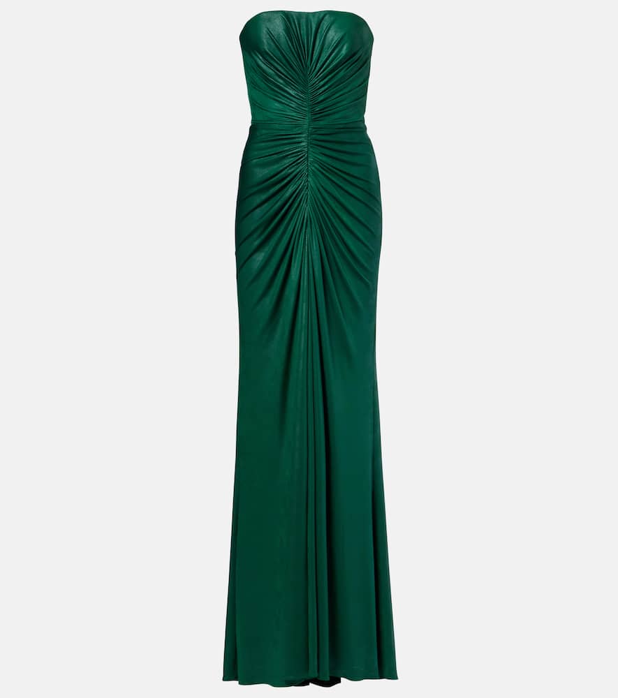 Elie Saab Ruched Strapless Maxi Dress In Green