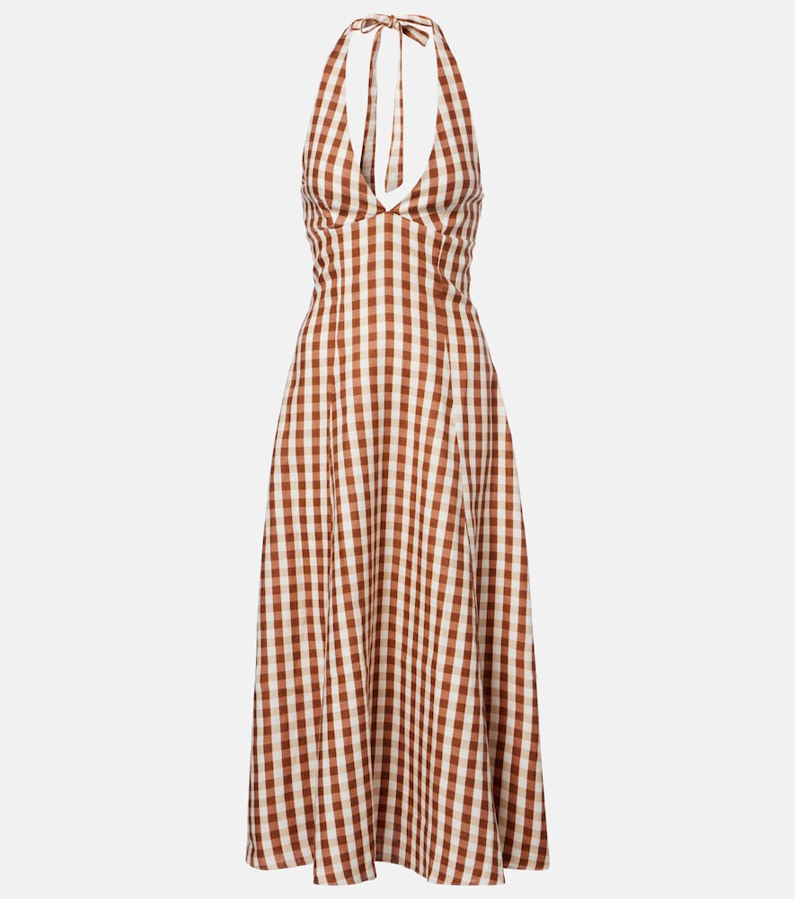 Faithfull Women's Brown Marais Gingham Halterneck Linen Midi Dress UK Size 16 - Mytheresa