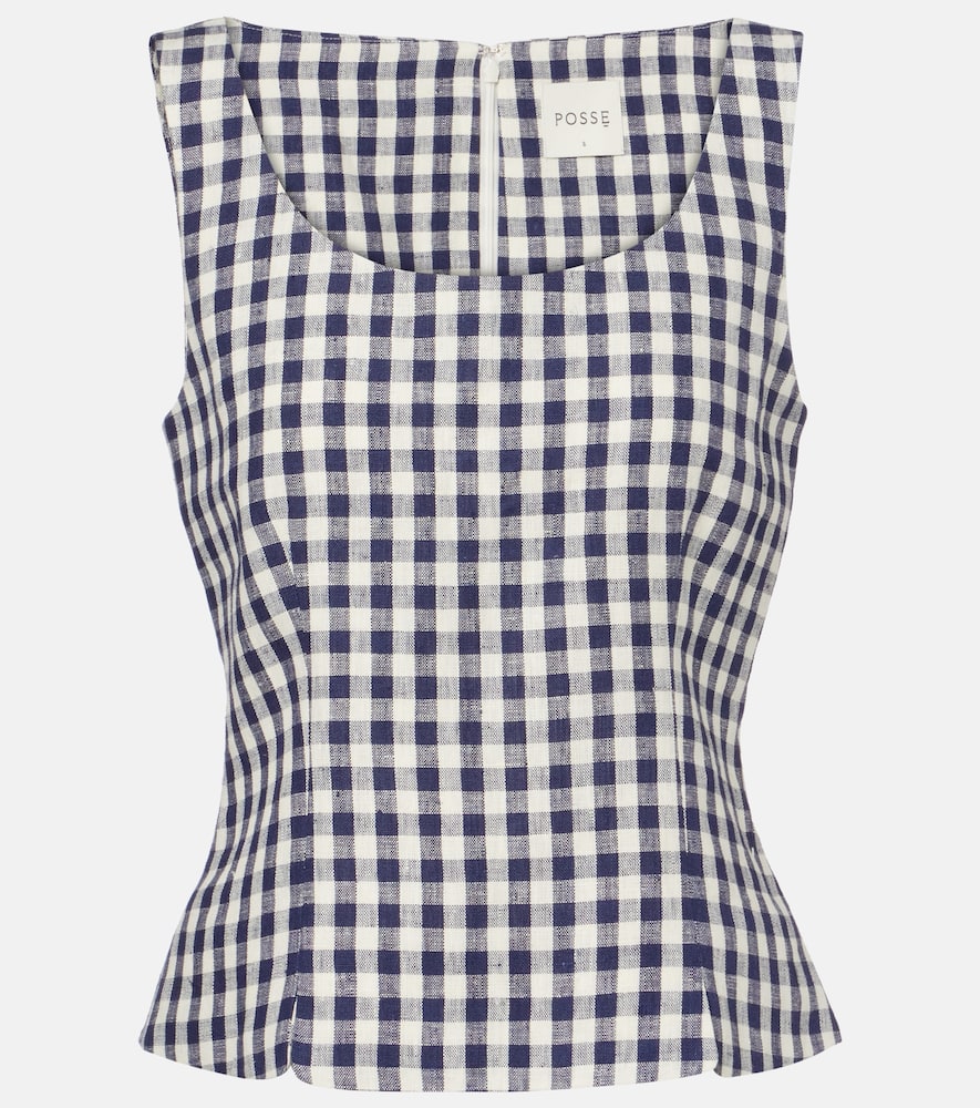 Posse Sadie Gingham Linen Top In Blue