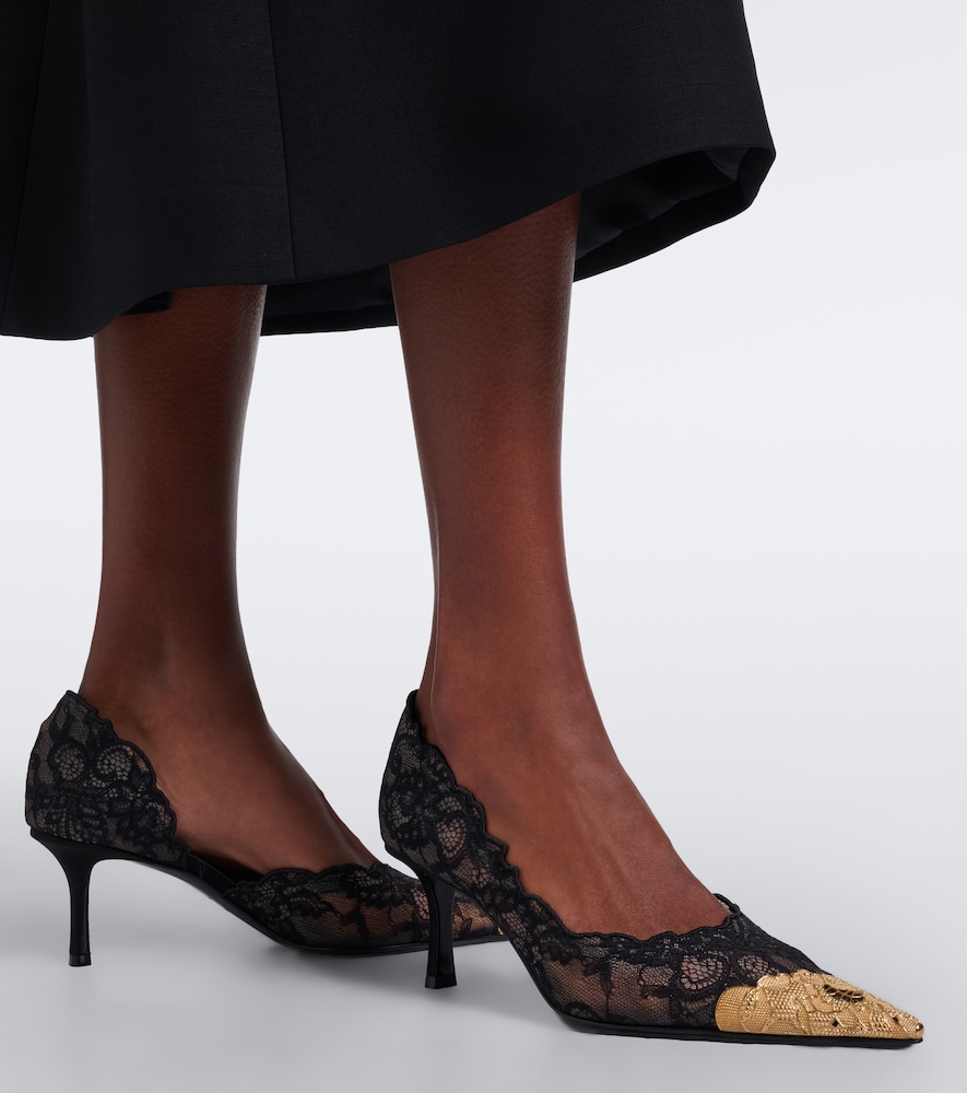 Faiz Leather-Trimmed Lace Pumps