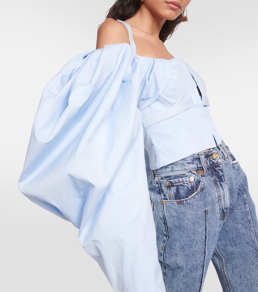 Jacquemus Le Haut Taffetas Off-shoulder Poplin Top In Light Blue