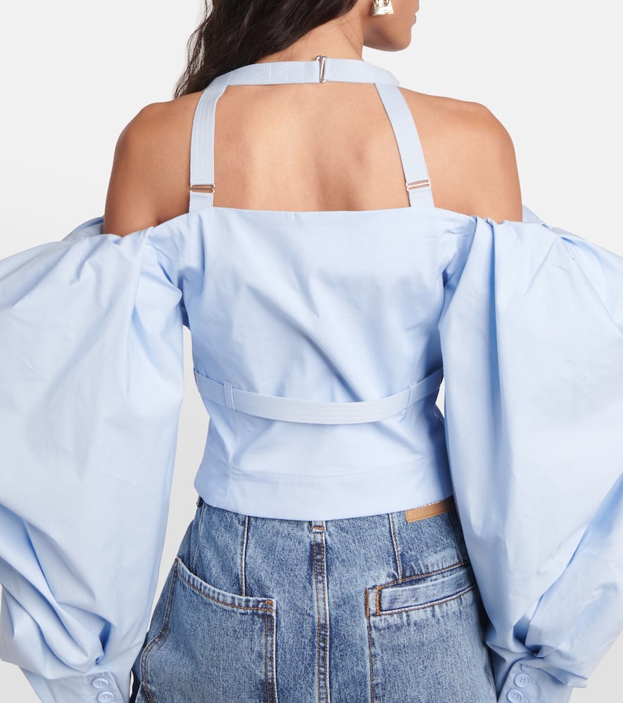 Jacquemus Le Haut Taffetas Off-shoulder Poplin Top In Light Blue
