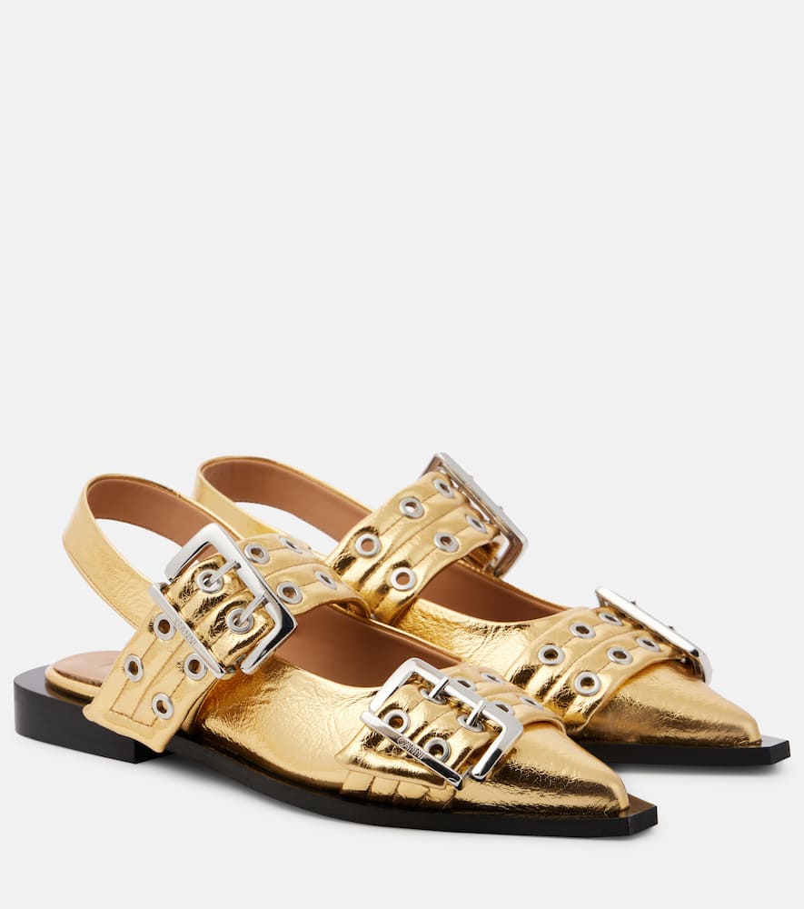 Ganni Buckle Faux Leather Ballet Flats In Gold
