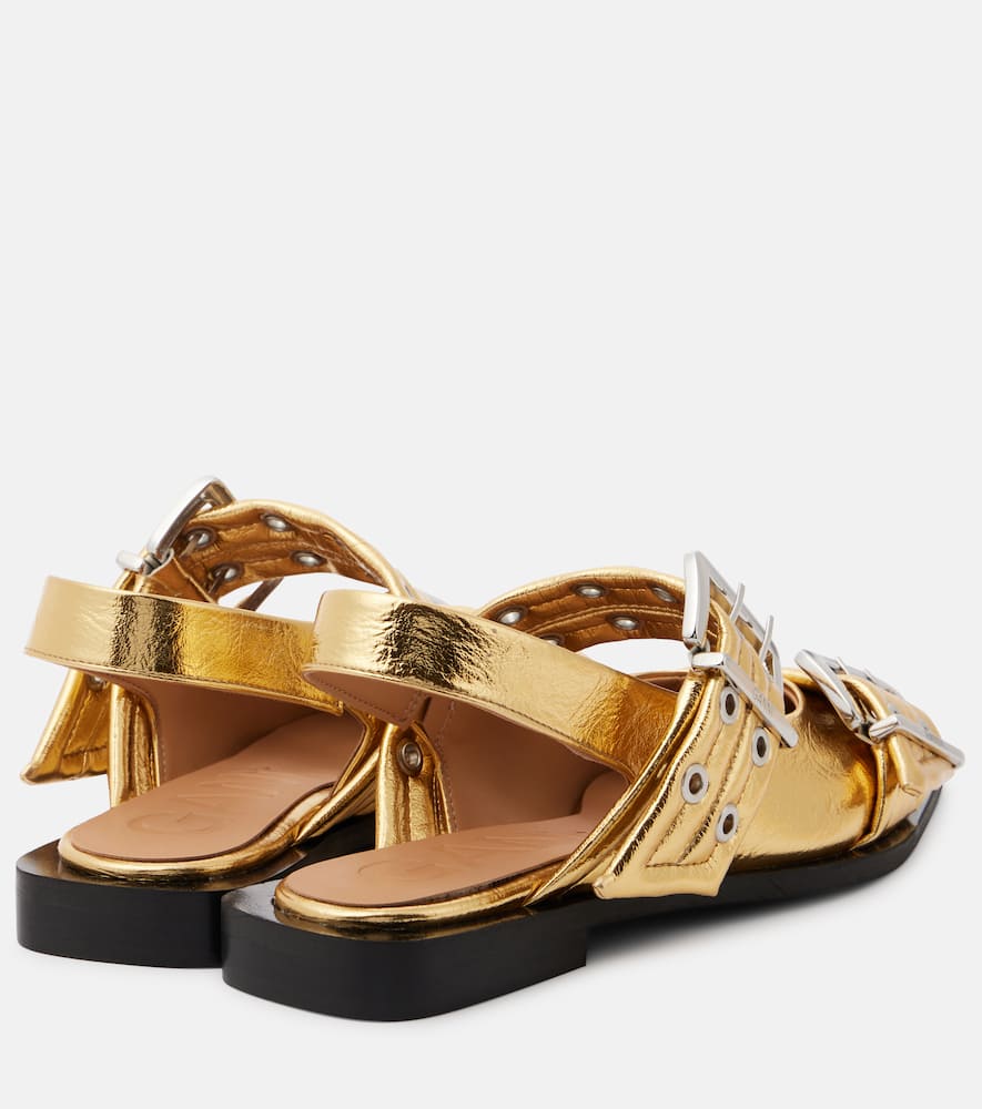 Ganni Buckle Faux Leather Ballet Flats In Gold