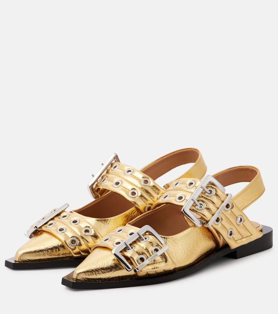 Ganni Buckle Faux Leather Ballet Flats In Gold