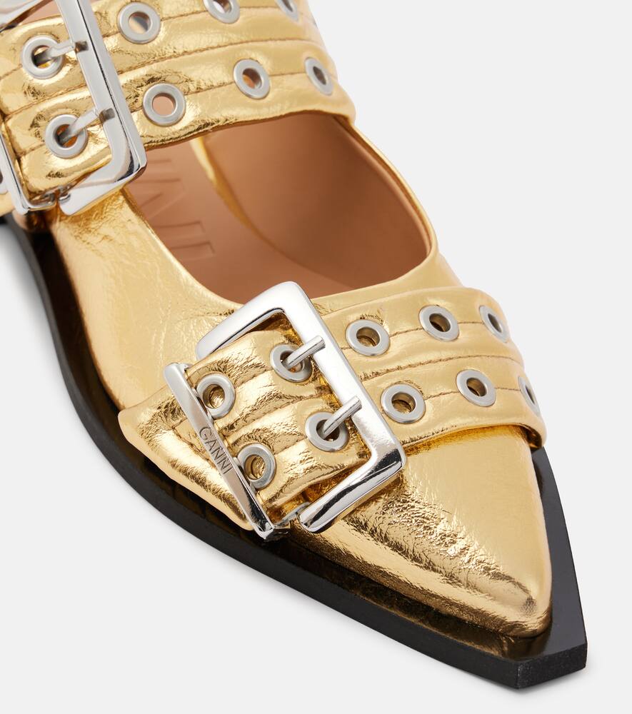 Ganni Buckle Faux Leather Ballet Flats In Gold