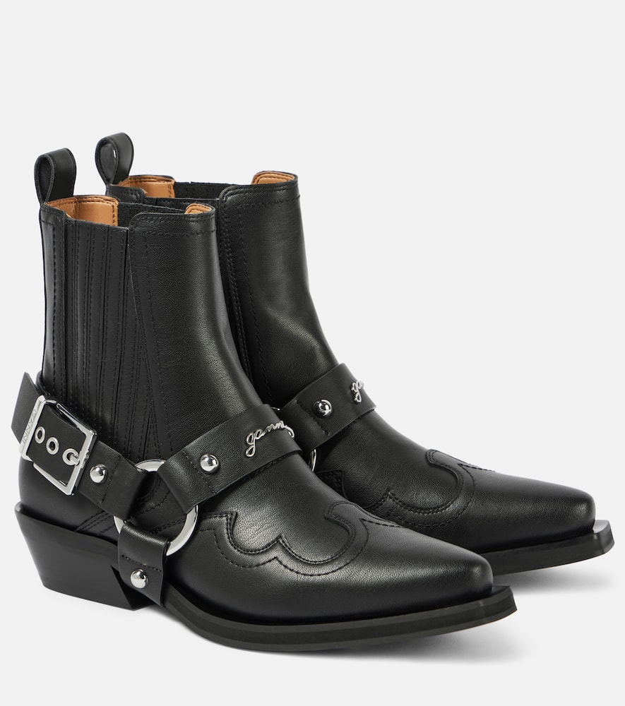 Ganni Embroidered Faux Leather Cowboy Boots In Black