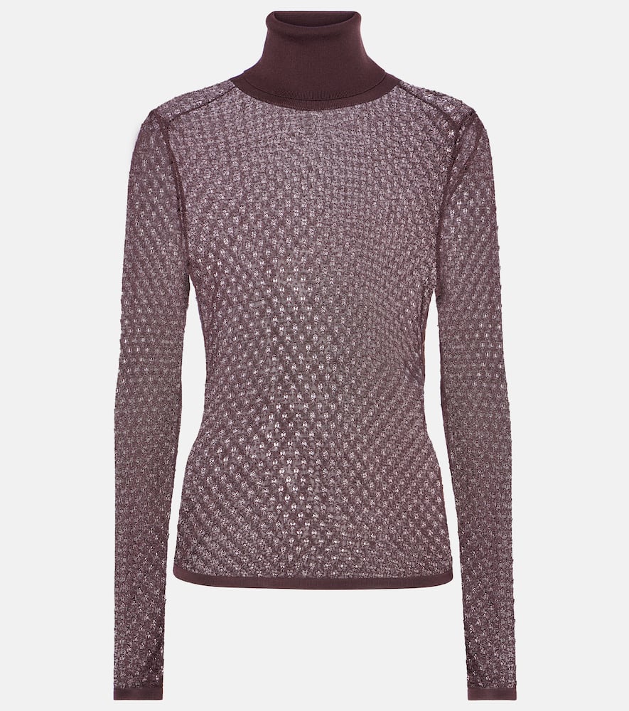 Chloé Viscose Lace Knit Turtleneck Top In Burgundy