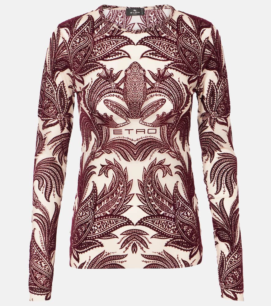 Etro Red Frog Motif Flocked Tulle Top In Multicoloured