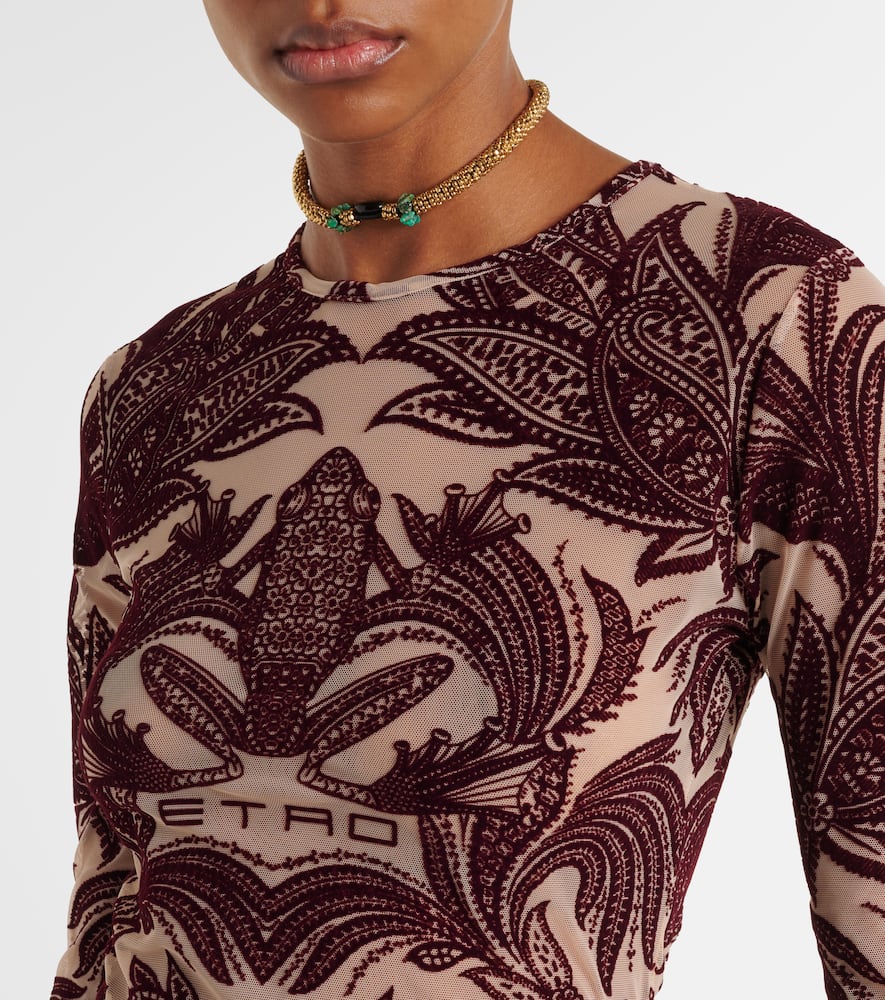 Etro Red Frog Motif Flocked Tulle Top In Multicoloured