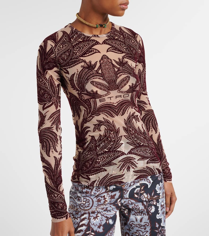 Etro Red Frog Motif Flocked Tulle Top In Multicoloured