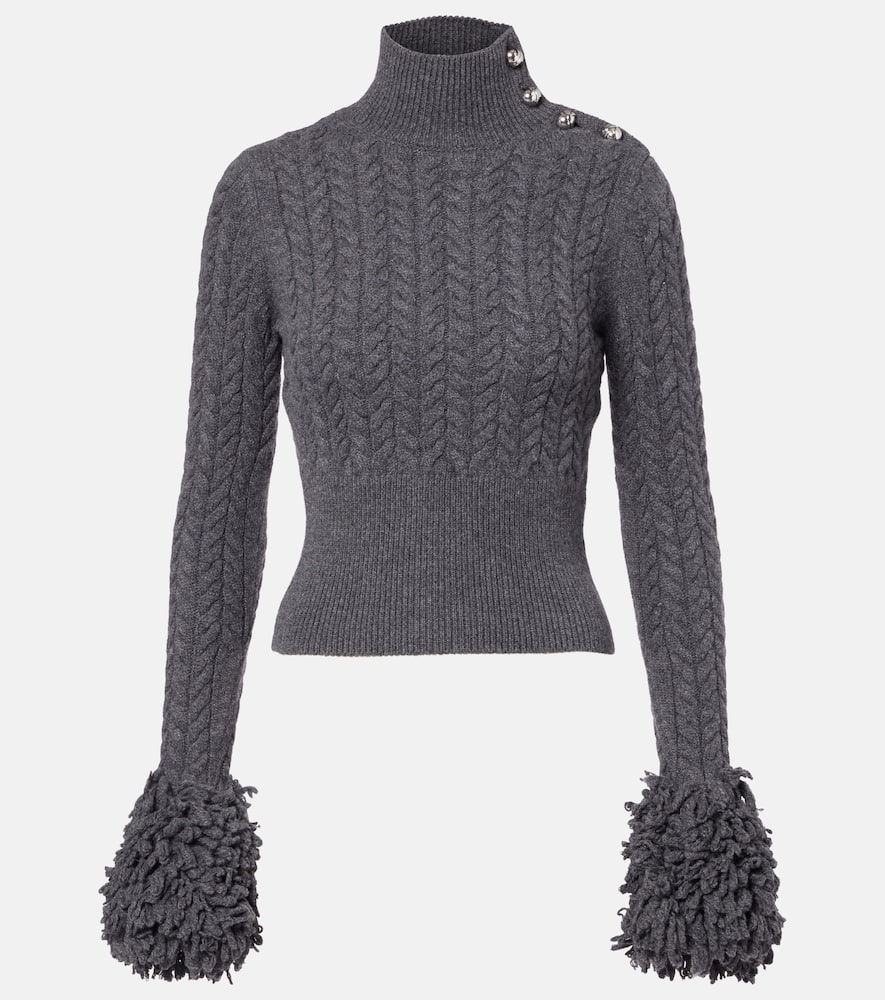 Patou Cropped Fringed Cable-knit Merino Wool And Cashmere-blend Sweater In Gray