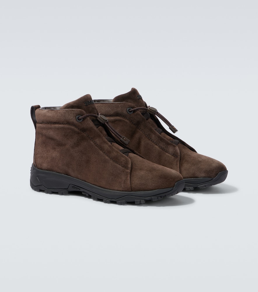 Zegna Triple Stitch Suede High-top Sneakers In Brown