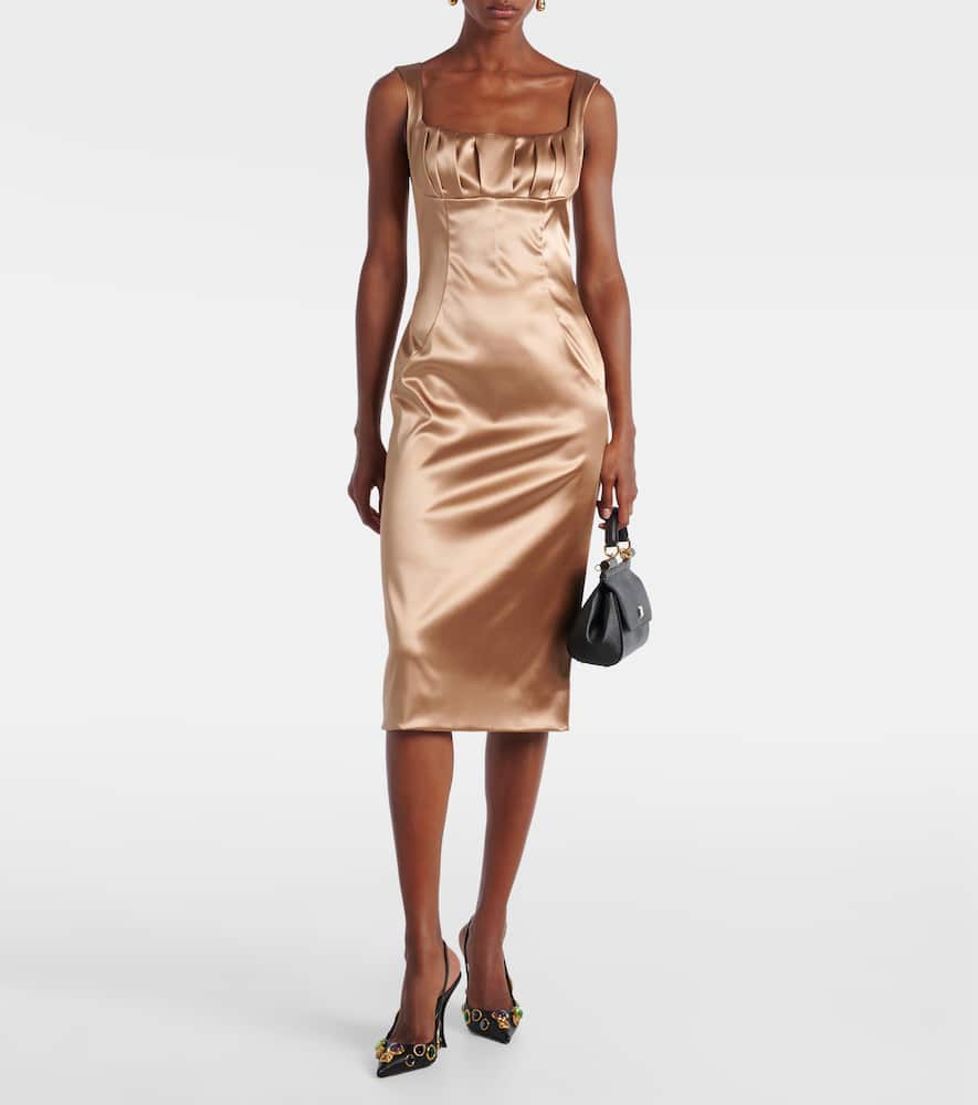 Dolce & Gabbana Sleeveless Pleated Stretch Satin Midi Dress In Sand