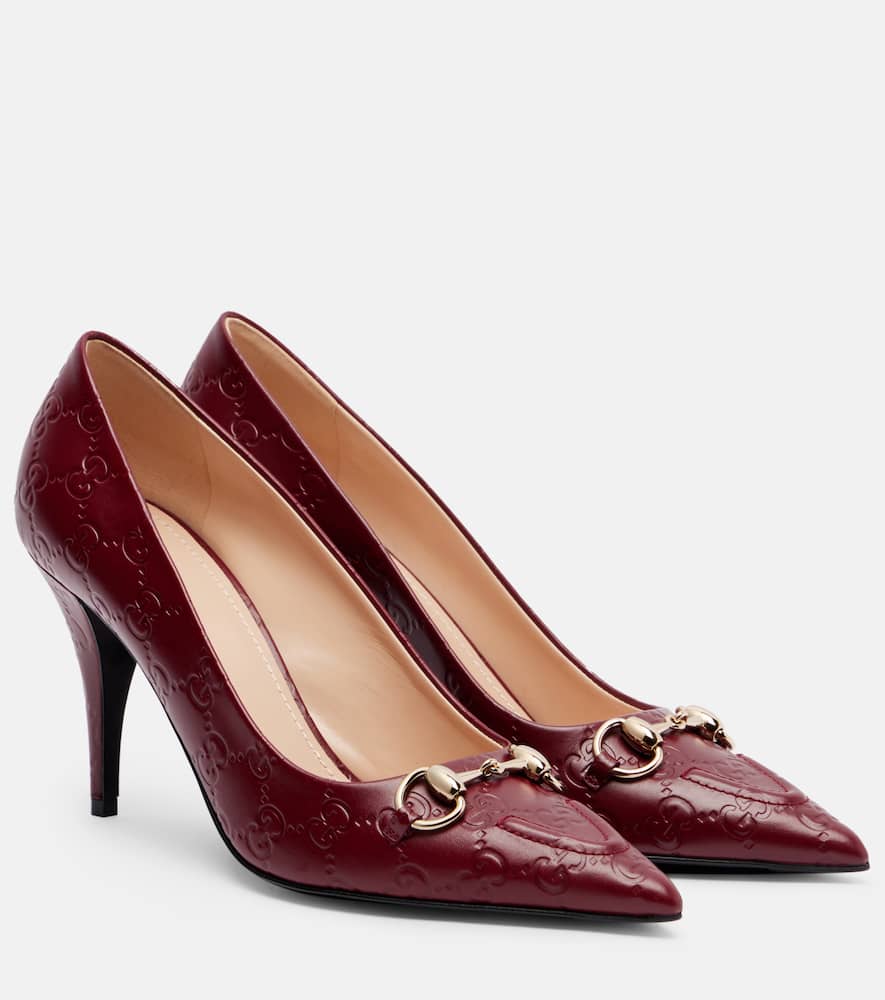 Gucci Erin Gg Horsebit 85 Leather Pumps In Burgundy