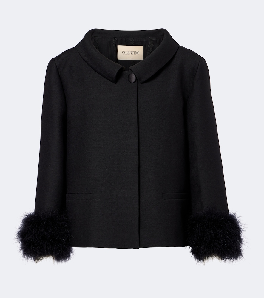 Valentino Crepe Couture Feather-trimmed Jacket In Black