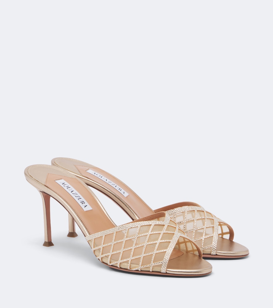 Aquazzura Lumiere Embellished Mesh Mules In Gold