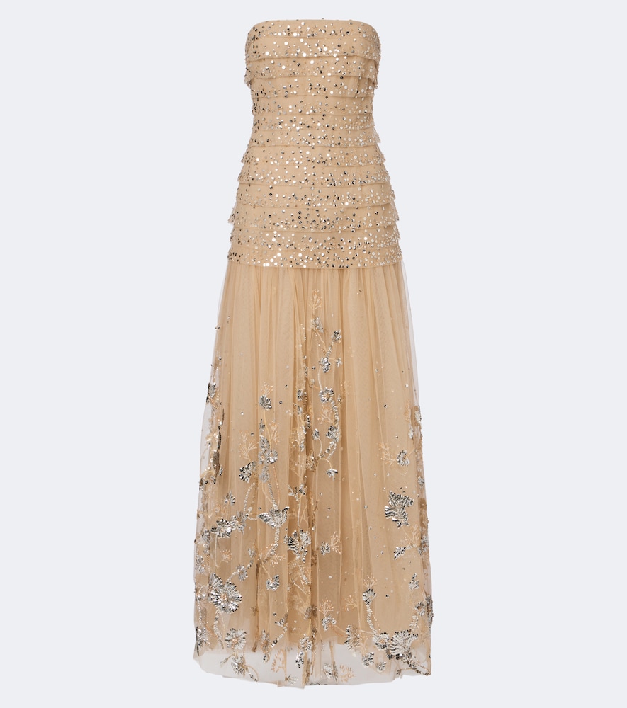 Georges Hobeika Sequined Tiered Tulle Bustier Gown In Neutral