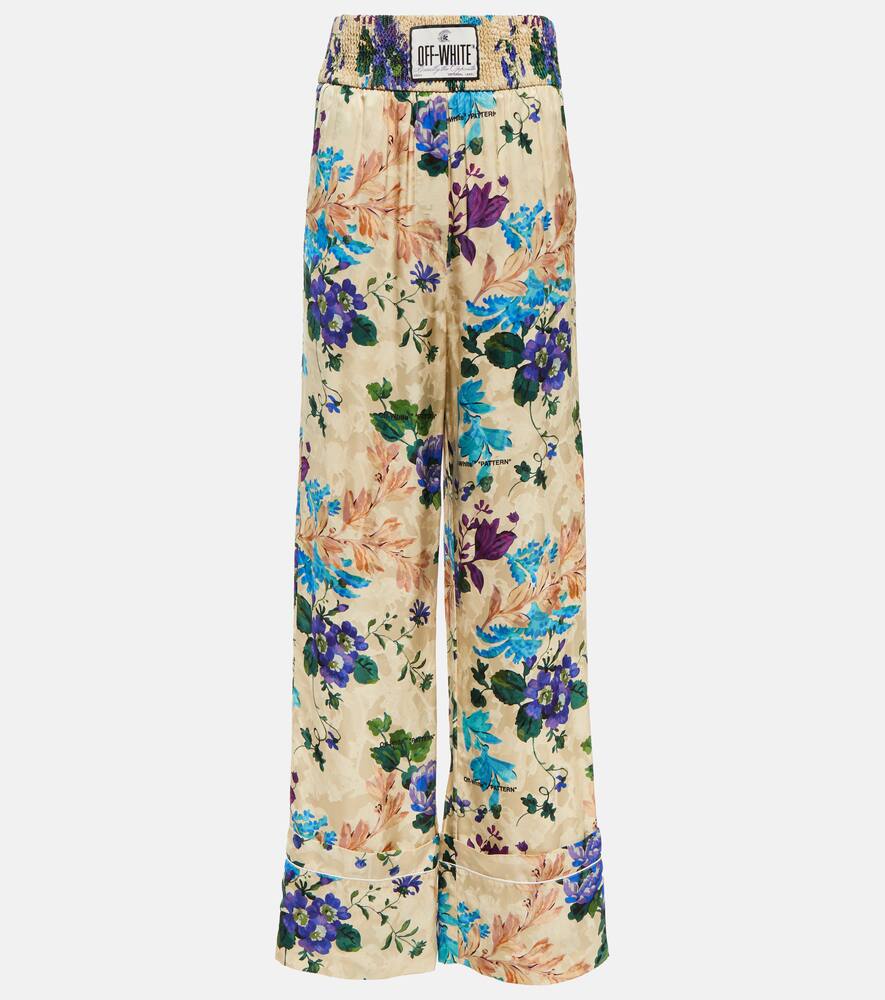 Shop Off-white Floral Satin Pajama Bottoms In Sand Multi