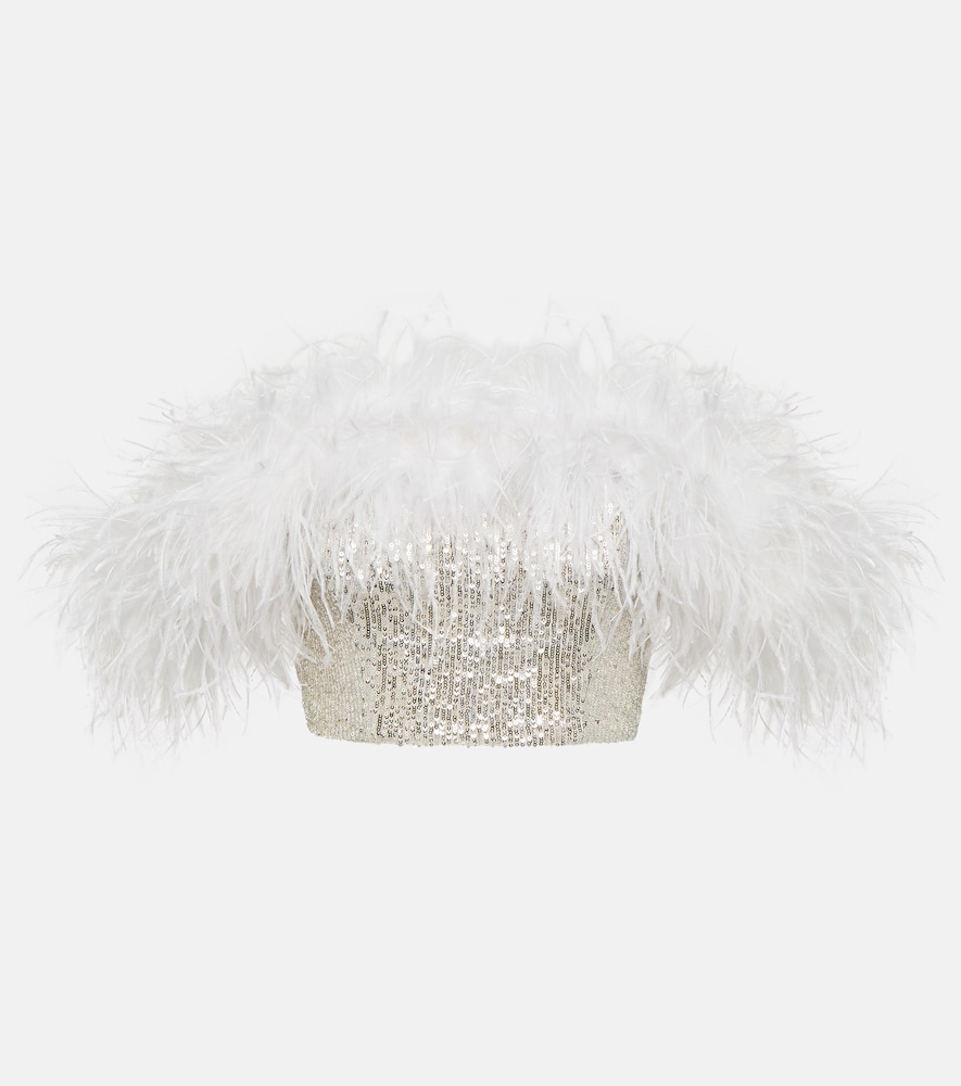 Sequined Feather-Trimmed Crop Top