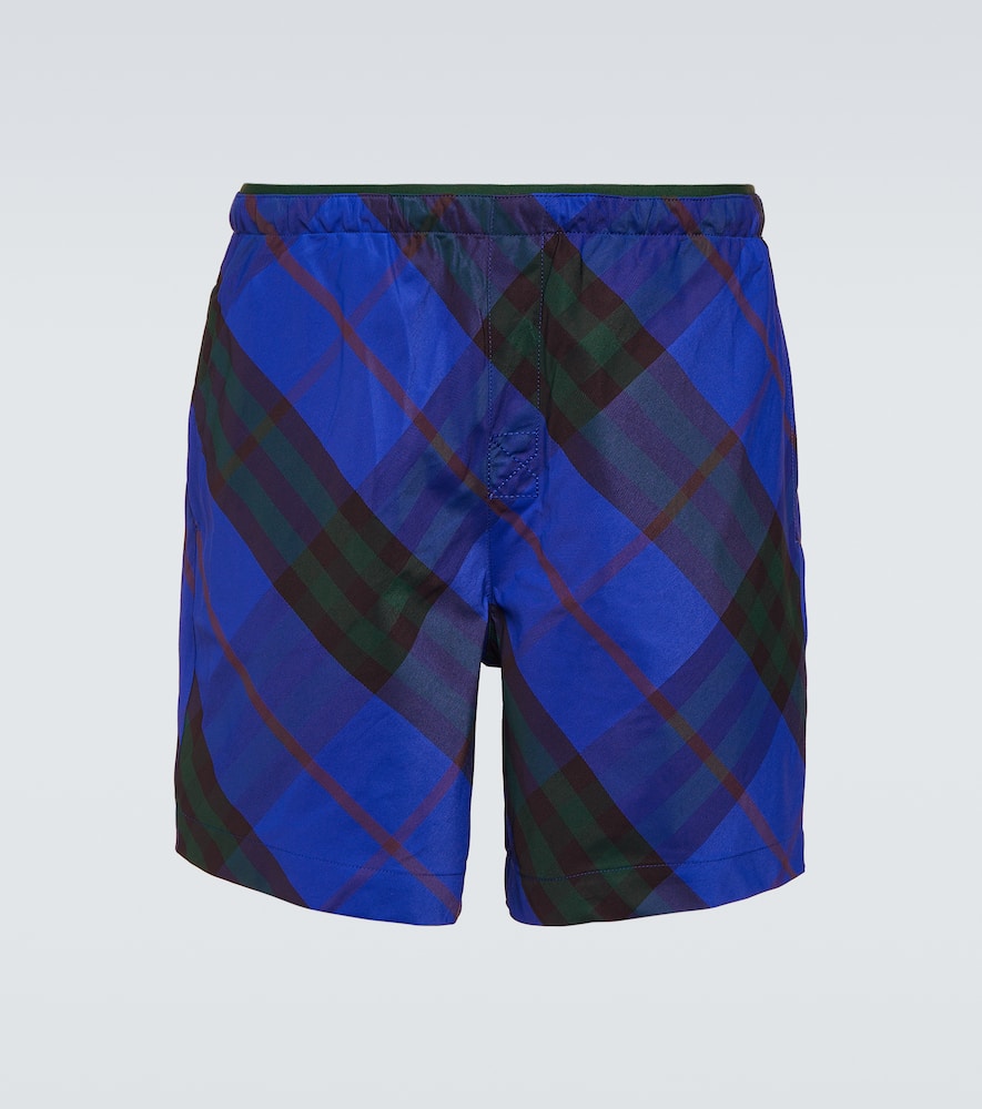 Shop Burberry Check Swim Trunks In Blue