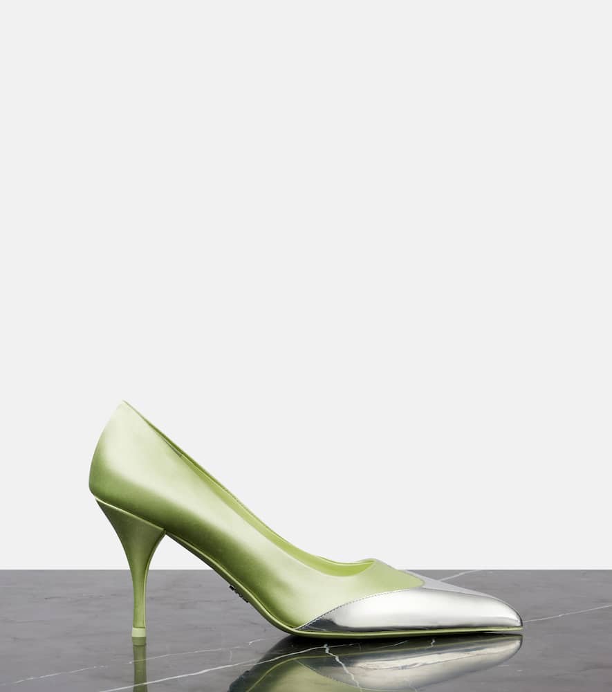 Prada Satin Metallic Leather Cap Toe Pumps In Green