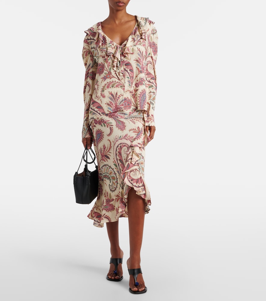 Etro Asymmetric paisley ruffled midi skirt