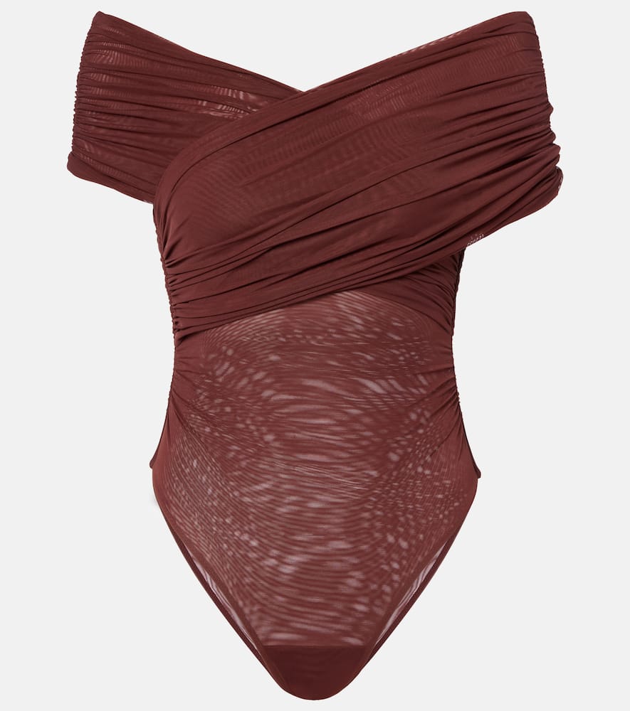 Sir Jacques Gathered Off-shoulder Bodysuit In Brown
