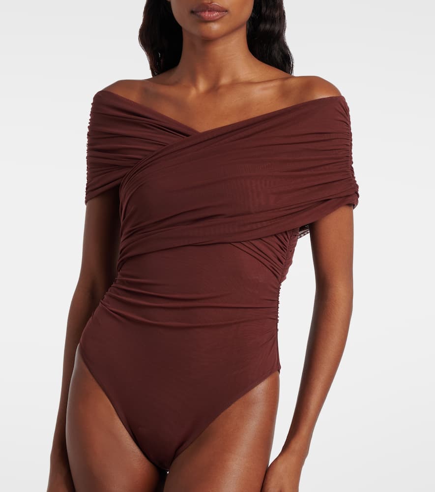 Sir Jacques Gathered Off-shoulder Bodysuit In Brown