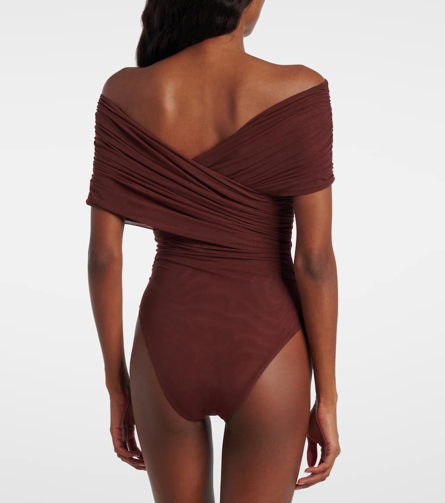 Sir Jacques Gathered Off-shoulder Bodysuit In Brown
