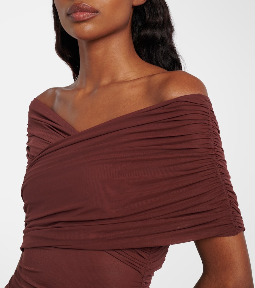Sir Jacques Gathered Off-shoulder Bodysuit In Brown