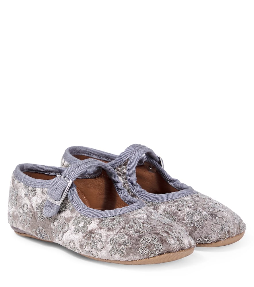 Pèpè Pepe Floral Velvet Mary Jane Flats In Gray
