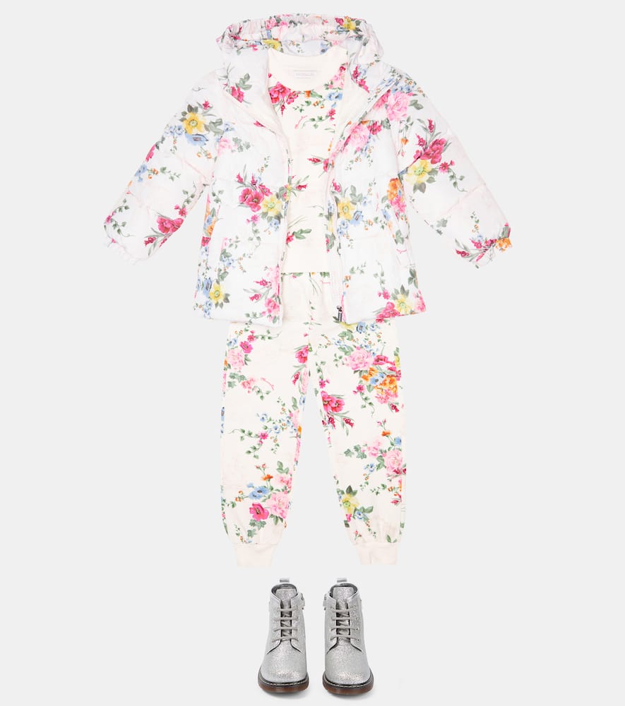 Monnalisa Hooded Floral Puffer Jacket In Ecru