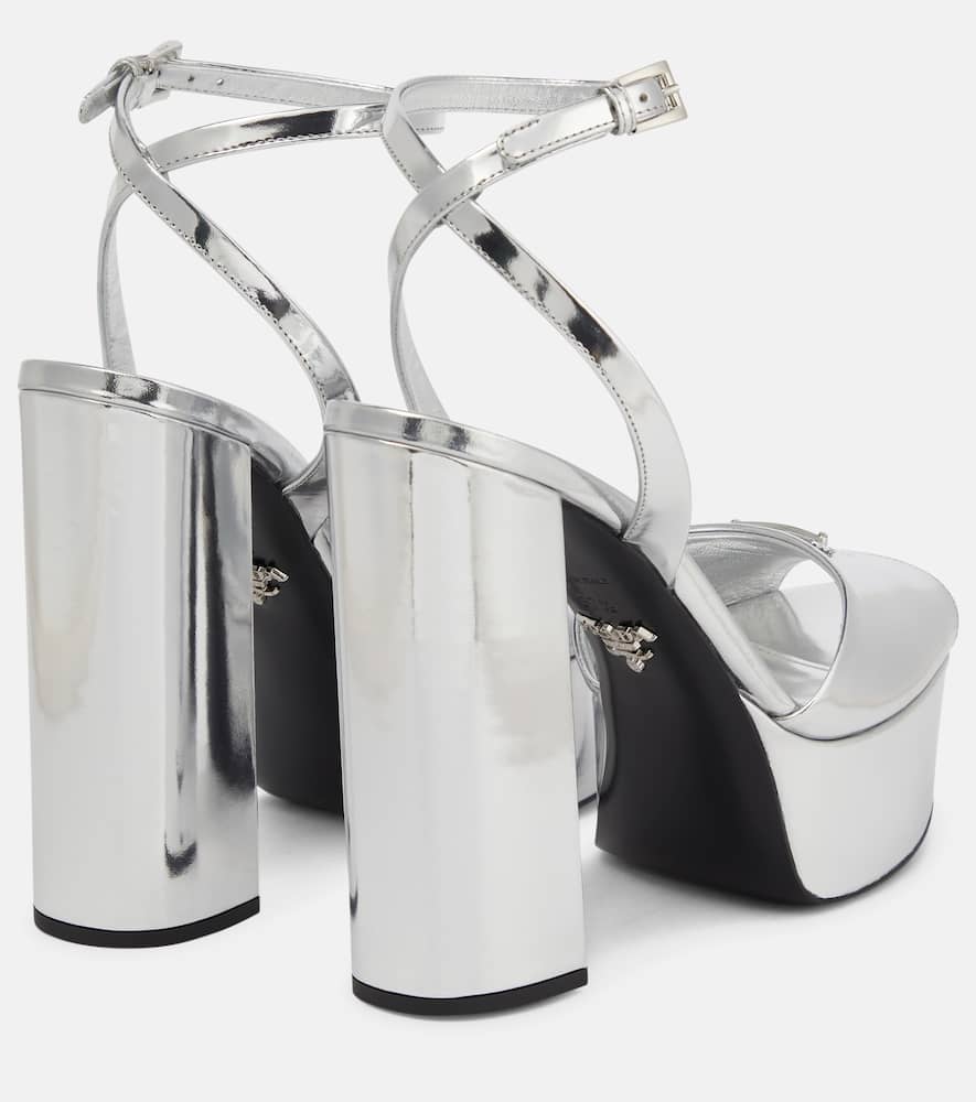 Prada Women's Metallic Leather Platform Logo Sandals In Argento