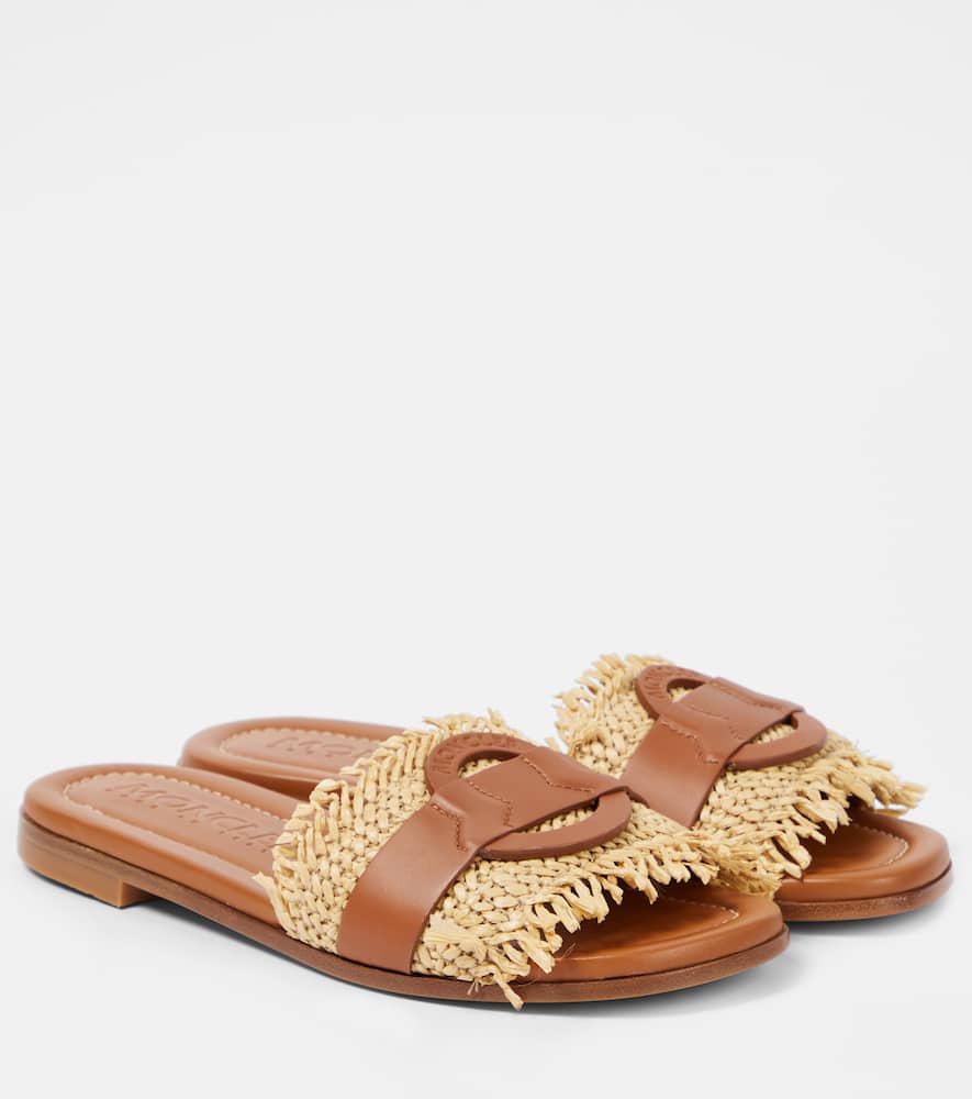 Moncler Bell Raffia  Leather Sliders In Brown