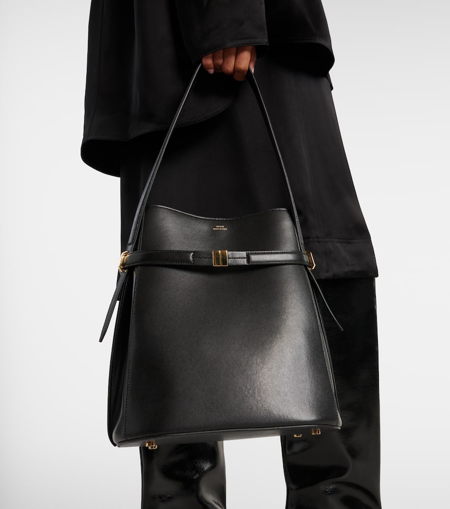 Totême Belted Palmellata Leather Bucket Bag In Black