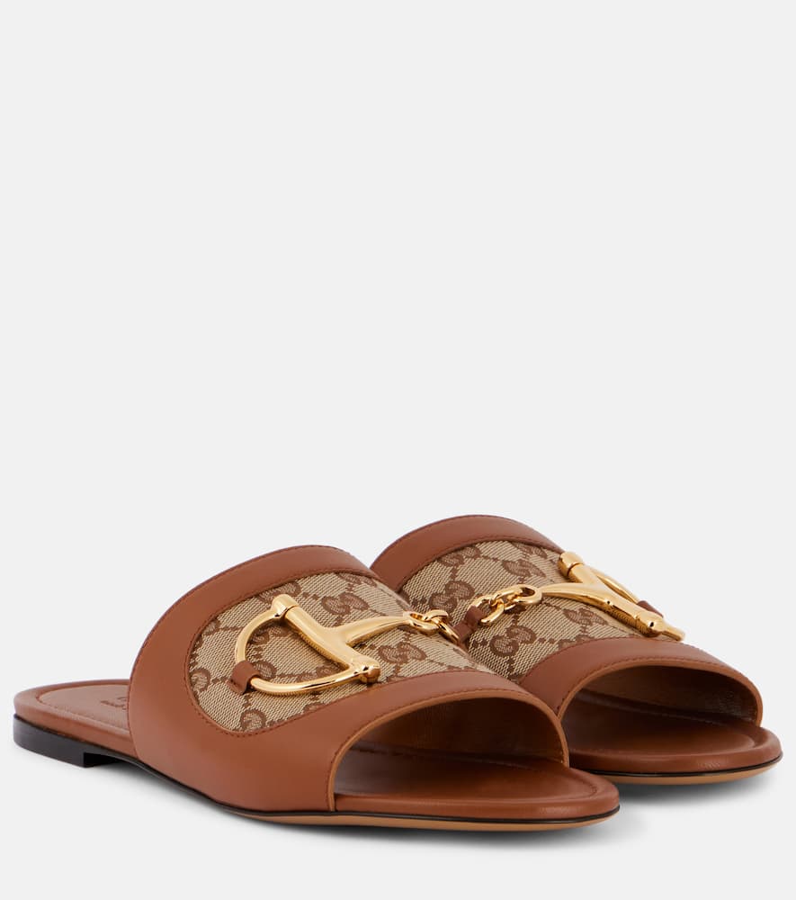 Horsebit GG canvas-trimmed leather slides