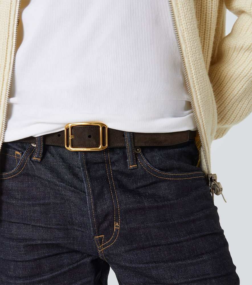 Tom Ford Suede Logo Buckle Belt In Brown
