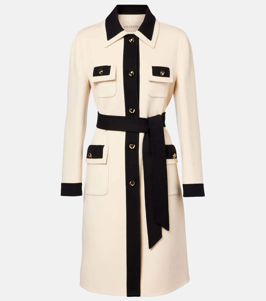 Valentino Belted Collar Coat With Contrasting Profiles And Pockets In Neutral
