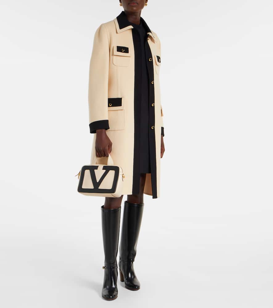 Valentino Belted Collar Coat With Contrasting Profiles And Pockets In Neutral