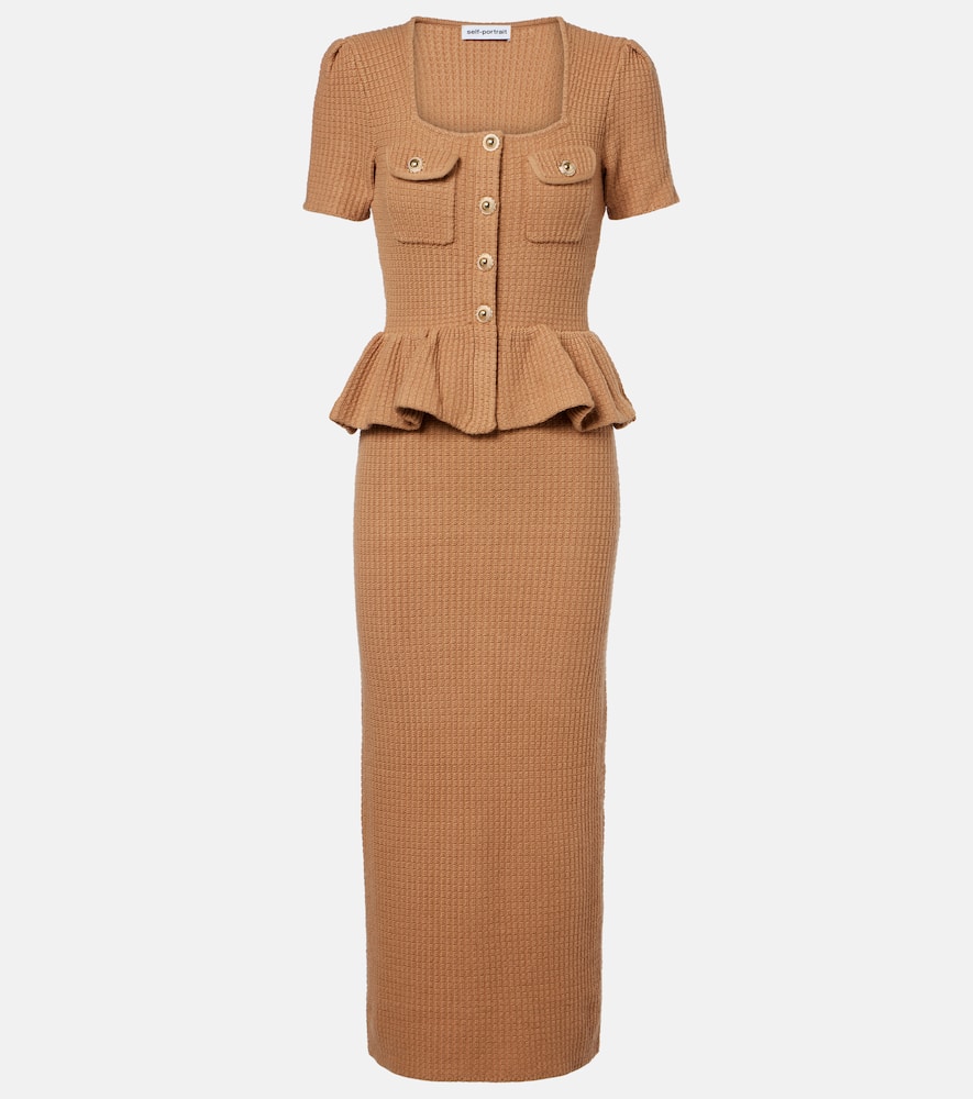 Self-portrait Peplum Waffle-knit Midi Dress In Brown