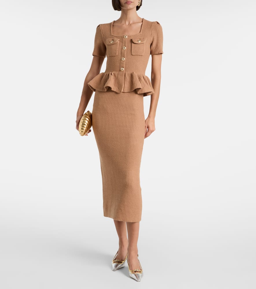 Self-portrait Peplum Waffle-knit Midi Dress In Brown