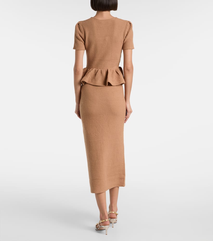 Self-portrait Peplum Waffle-knit Midi Dress In Brown