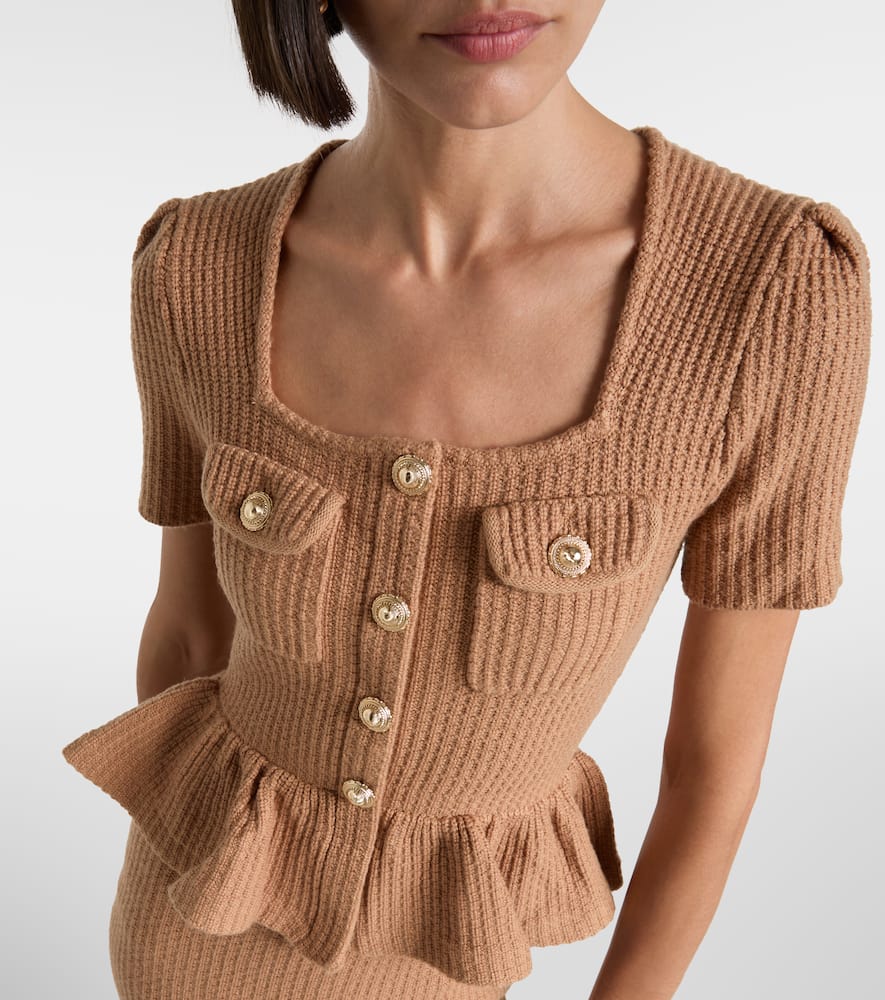 Self-portrait Peplum Waffle-knit Midi Dress In Brown