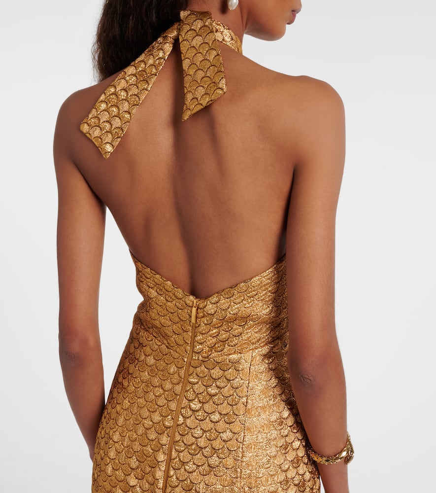 Johanna Ortiz Elegant Expedition Jacquard Halterneck Midi Dress In Gold