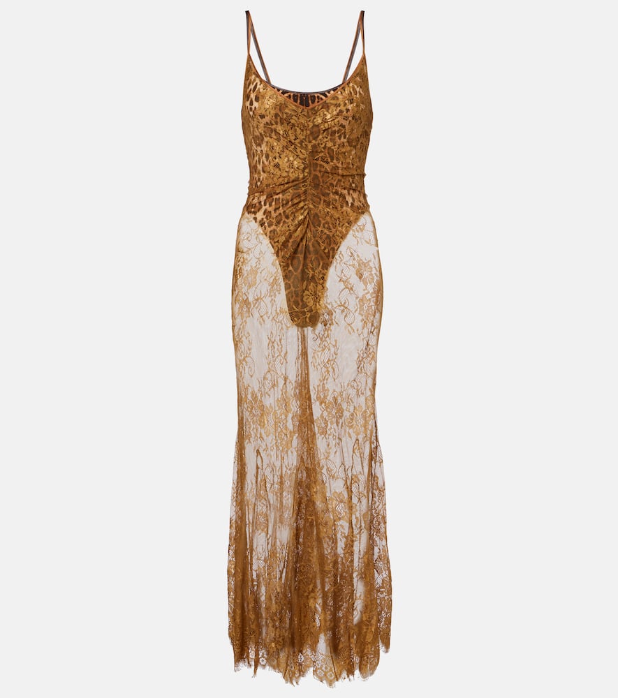 Jacques Wei Silk-trimmed Lace Maxi Dress In Brown