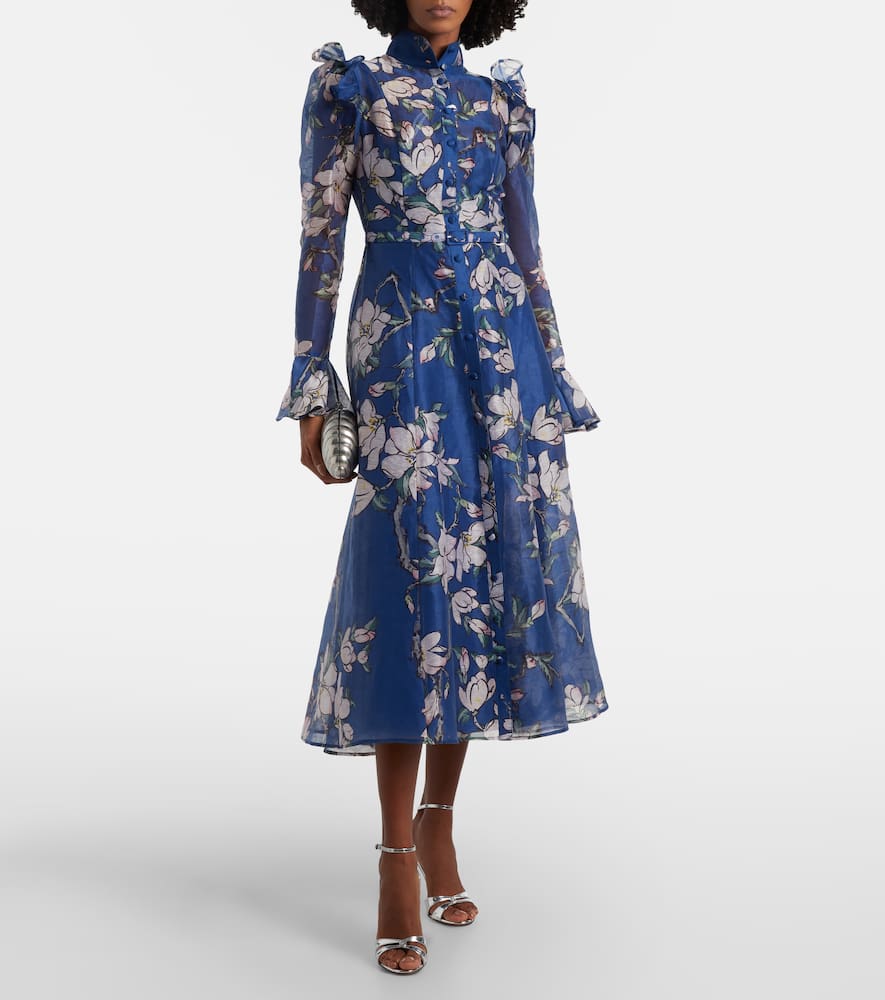 Leo Lin Katrina Floral Linen-blend Midi Dress In Blue