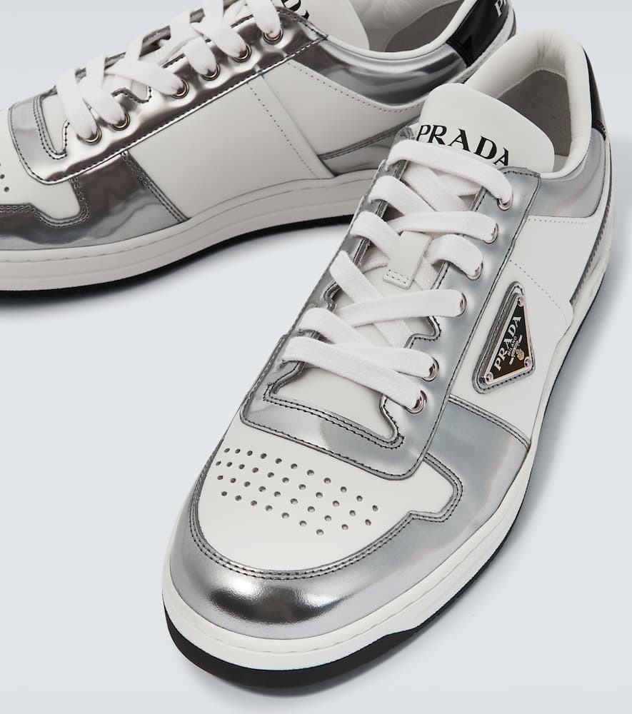 Prada Men's Downtown Leather Low-top Sneakers In Bianco + Argento